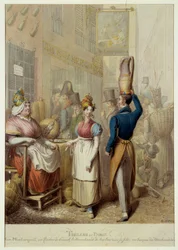 Tableau de Paris: パリのモントルグイユ通りとカフェレストラン「Le Rocher de Cancale」。街の商人と通行人。ドイツ人ジョージ・エマニュエル・オピッツ（1775-1841）の石版画