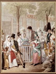 1814年、パリのカフェ・ド・ラ・ロトンドのテラス。ジョージ・エマニュエル・オピッツ（1775-1841）によるリトグラフ。パリ、カルナヴァレ美術館
