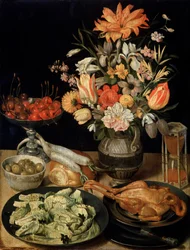 花とスナックのある静物、c1630-c1635