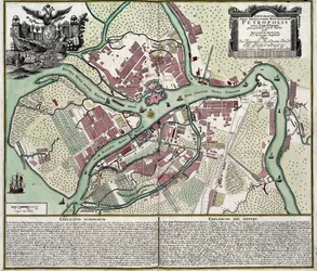 サンクトペテルブルク (ロシア) の地図 - Matthaeus Seutter (1678-1757) の作品、彫刻と水彩