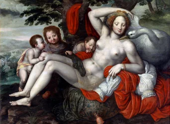 "Leda et le cygne" - Leda and the Swan par Pencz, Georg (Jorg) (1500/02-1550), 16世紀中頃 - 木に油彩, 92x126 - Museo del Prado, Madrid.