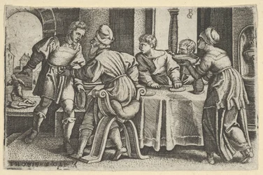 テーブルを離れるトバイアス、『トバイアスの物語』、1543年より。
