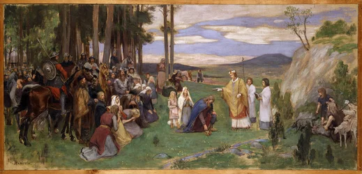Anschaire (Oscar) de Breme (801-865) preche le christianisme en Scandinavie - Ansgar Preaching Christianity, by Pauli, Georg (1855-1935).キャンバスに油彩。サイズ：64x136 cm。ストックホルム国立博物館