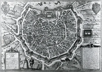 アントニオ・ラフレリ（1512-1577）が1572年に作成したミラノの都市地図（イタリアのゲオルク・ブラウンとフランツ・ホーゲンベルグが発行したもの