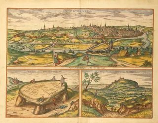 ゲオルグ・ブラウンの「Civitates Orbis Terrarum」より、ポワチエ近郊のドルメン、ポワチエとモンテールの都市