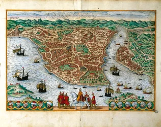 イタリア、ミラノ、ゲオルク・ブラウン(1541-1622)とフランツ・ホーゲンベルク(1535-1590)によるコンスタンティン・ポールの都市の透視図、カラーエングレーヴィング