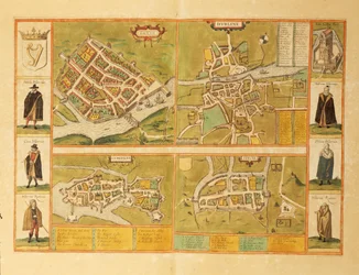 Georg BraunのCivitates Orbis Terrarumによるゴールウェイ、ダブリン、リムリック、コークの地図。