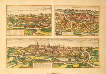 ゲオルグ・ブラウンの「Civitates Orbis Terrarum」より、モンペリエ、トゥール、ポワティエの地図。