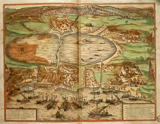 ゲオルク・ブラウンとフランツ・ホーゲンベルクの『Civitates Orbis Terrarum』からのチュニジア・チュニスの地図、エングレーヴィング