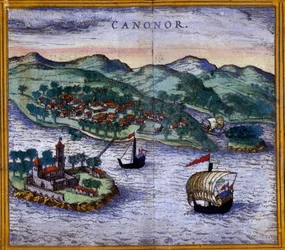 ブラウンとホーゲンベルグによる "Civitates Orbis Terrarum "版に掲載されたインドのカノナー（またはカンナノーレ）の風景