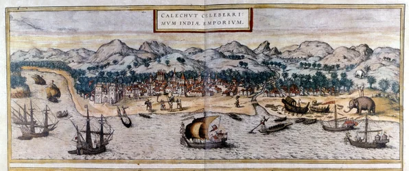 ブラウン＆ホーゲンバーグのアトラス「Civitates Orbis Terrarum」から見たインドのコジコデまたはカリカットの風景