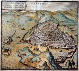 マルセイユの街の風景と道路地図。ブラウンとホーゲンベルグのアトラス1572年からのエングレーヴィング マルセイユ、Musee de la Marine