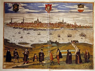ドイツ、リストックの街の眺め。1572年「Braun and Hogenberg」のアトラスからのエングレーヴィング