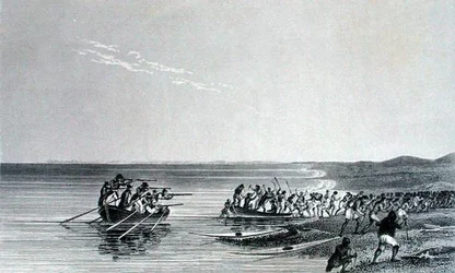 浮上するボート（ジョン・フランクリン卿（1786-1847）の「1825-27年の極海沿岸への第二次遠征の物語」より）エドワード・フィンデン（1791-1857）が1828年に出版した彫刻作品。