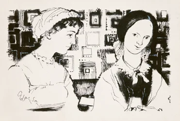 ジェーンオースティン（1775-1817）とシャーロットブロンテ（1816-55）-架空の出会い（船上のインディアンインク）