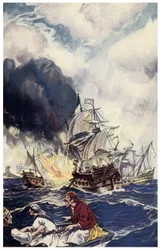 船に向かって投擲されたブルロット爆薬 ジョージ・アルバート・ウィリアムズ（1875-1932）の「Pirates of Panama or The Buccaneers of America」からのイラスト 1914年