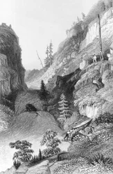 エドワード・フィンデン（1791-1857）によって1836年に出版された「北極圏遠征の物語」から「グレートフィッシュリバーの河口」まで彫刻されたホルフロスト川のポーテージ