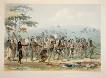 マンダンのアーチェリー、パブ。 1845年カラーリトグラフ。