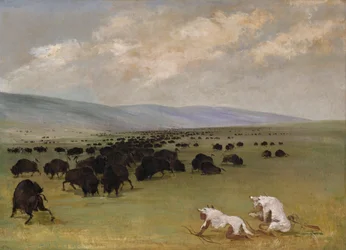 白いオオカミの毛皮をかぶってバッファローに近づくカトリンとインディアンの案内人、1846-1848年。