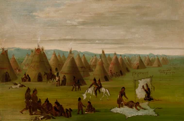 コマンチ村、ローブを着て肉を乾かす女性、1834-1835。