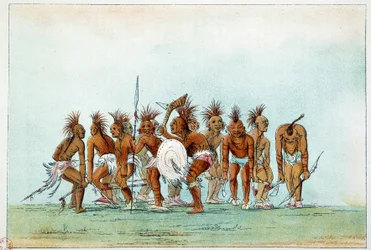 アメリカのインディアン。観光客のために乞食踊りを踊るブラックホーク族。ジョージ・カトリン（1794-1872）によるイラスト