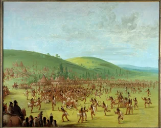 アメリカのインディアン：「インディアンの間でのボール遊び」 ジョージ・カトリン（1794-1872）の絵画 1835年 ブランクール、フランコ・アメリカン博物館 - アメリカ先住民のボール遊び。ジョージ・カトリン（1794-1872）の絵画
