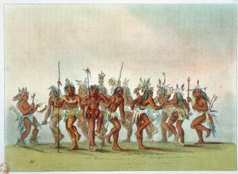 アメリカのインディアン：スー族の間で天の恵みを得るために精霊を踊る。ジョージ・カトリン（1794-1872）のイラスト