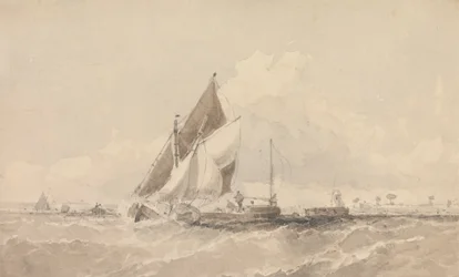 Barcaças e barcos à vela em um mar agitado