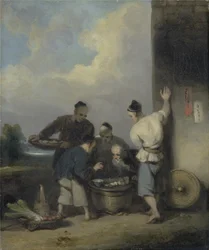 1825年以降の食品ベンダーの屋台の周りのクーリー（キャンバスに油彩）