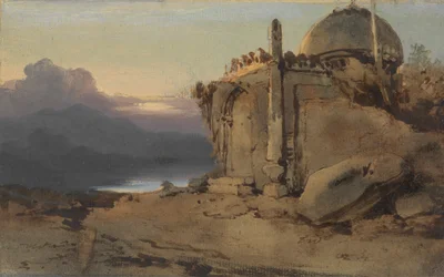 寺院跡、夕日