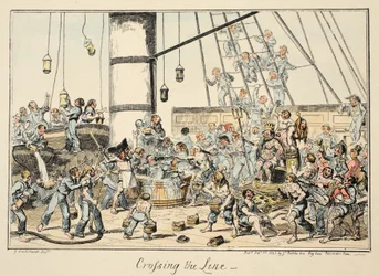 Crossing the Line、グリニッジ病院、海軍のスケッチのシリーズ、戦士の男の生活を説明するパブ。 1825年（手描きの彫刻）