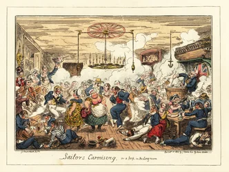 パブで飲んだり踊ったりする英国の船員、ナポレオン時代、1829年（リトグラフ）