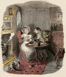 Monsieur Bumble and Madame Corney taking the - Mr Bumble and Mrs Corney having tea - Illustration for "Oliver Twist" (Olivier) (The Adventures of Oliver Twist) by Charles Dickens (1812-1870), by George Cruikshank (1792-1878) .