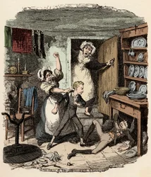Oliver pluck up a spirit - Illustration pour "Oliver Twist" (Oliver Twistの冒険) de Charles Dickens (1812-1870), par George Cruikshank (1792-1878)