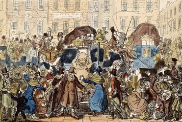 イギリス旅行、またはホワイトホースセラーのぞき見、1819年（手描きのエッチング）