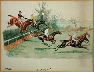 3月の月間。Point to Point（ペン＆インク、水彩、紙）