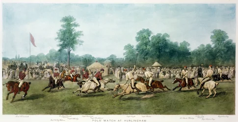 1877年7月7日、ハーリンガムでの馬の警備員（青）とモンマスシャーチームのポロマッチ