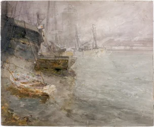 North Shields Fish Quay (船上に木炭、鉛筆、水彩画)