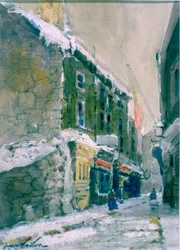 Winter, Clive Street, North Shields (カードに貼られた紙に木炭と水彩)