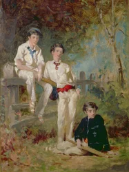 3人の若いクリケット選手、1883年頃（カードに油彩）