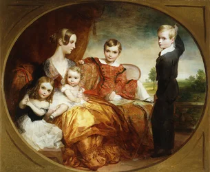 1843年にテラスで4人の子供を持つ女性のグループポートレート