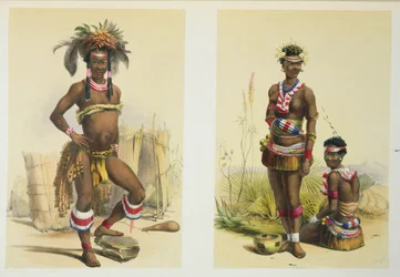 N&39;Pae a Young Zulu in Gala Dress and Two of King Panda&39;s Dancing Girls、plate 19 from &39;The Kafirs Illustrated&39;、1849