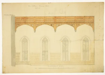 ニューカレッジオックスフォード：ニューホールルーフのデザイン、1865年（紙にペンとインクで洗う）