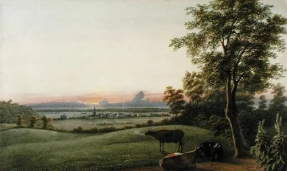 日の出-グリーンウッド墓地からのフラットブッシュと海、ニューヨーク州ロングアイランド、1830-40年頃（水彩、ガッシュ、グラファイト、紙
