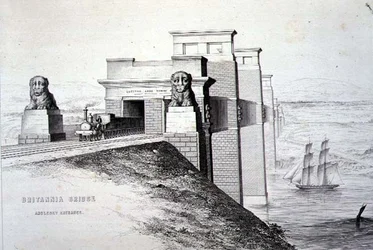 ブリタニア橋、アングレシーの入り口、画家が彫った、パブ。1849年（リトグラフ）（カラーは122445参照）