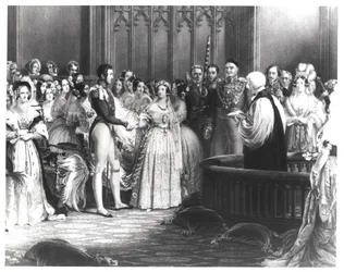 1840年2月10日にセントジェームズ宮殿でビクトリア女王（1819-1901）とアルバート王子（1819-61）の結婚、1840年、チャールズエデンワグスタッフによって彫刻