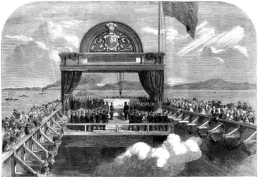 1860年にセントローレンス川にビクトリアブリッジの最後の石を敷設したプリンスオブウェールズ。