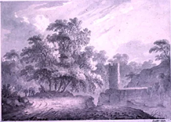 アルバノ湖近くのマリノにある岩の崖の上に建てられた、塔の横に旅行者がいる田舎道