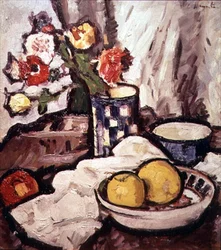 薔薇と果実の静物画（油彩・キャンバス）