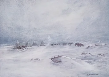 アーネスト・シャックルトン卿（1874-1922）の著書「Nimrod in the Antarctic 1907-09」に掲載されたイラスト「A Blizzard on the Barrier」。